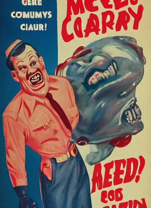 Prompt: creepy Gman with a scary comically large smile, 1940s scare tactic propaganda art