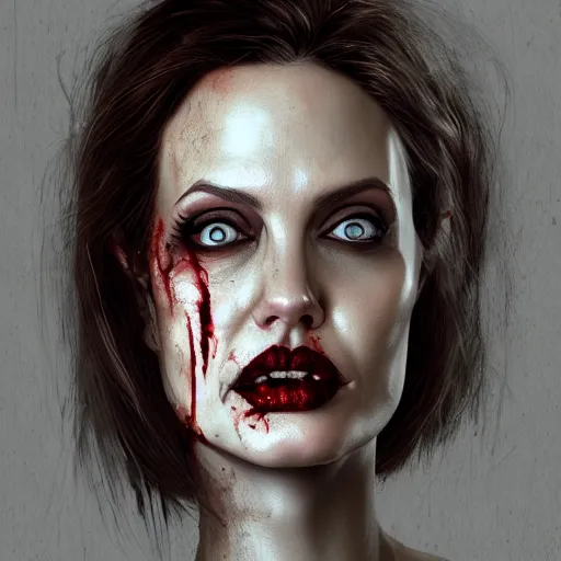 Image similar to a zombie Angelina Jolie, by WLOP, horror, wounds, bloody, dark fantasy, trending on artstation