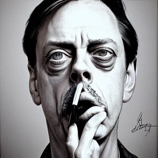 Prompt: beautiful portrait of steve buscemi with a ballpoint pen in his mouth