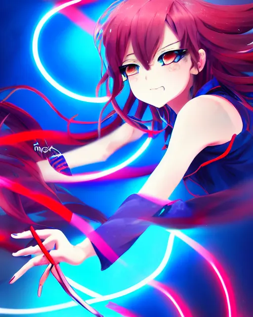 Image similar to anime style, vivid, expressive, full body, 4 k, painting, a cute magical girl idol with a long wavy hair wearing a dress fighting monsters, blue and red, balance, correct proportions, stunning, realistic light and shadow effects, neon lights, studio ghibly makoto shinkai yuji yamaguchi