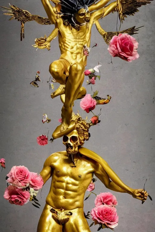 Image similar to Jean-Michel Basquiat as a full-body golden baroque statue of Icarus in the posing like a bird for flight, crown of peach roses, flowing pink-colored silk, fabric, flowers. baroque elements, human skull. full-length view. baroque element. intricate artwork by caravaggio. many many birds birds on background. Trending on artstation. halo. octane render, cinematic, hyper realism, octane render, 8k, depth of field, 3D