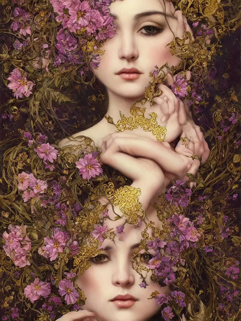 Prompt: a digital painting of a young beautiful woman with many flowers, dark pastel color scheme, jugendstil background, gold filigree, by karol bak, by emil melmoth, by Daniel Gerhartz, trending on artstation