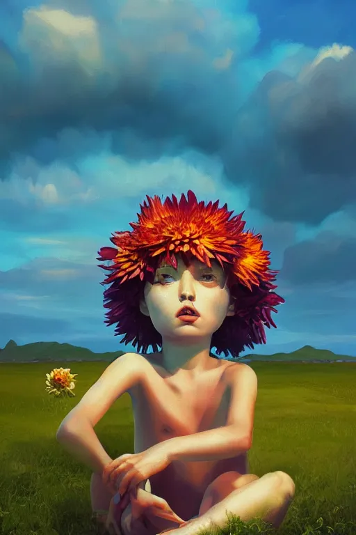 Image similar to closeup giant dahlia flower head, girl sitting on beach, surreal photography, blue sky, sunrise, dramatic light, impressionist painting, digital painting, artstation, simon stalenhag