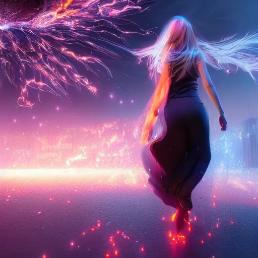 Prompt: Photorealistic magic goddess walking away from an explosion. Hyperdetailed photorealism, 108 megapixels, amazing depth, glowing rich colors, powerful imagery, psychedelic Overtones, 3D finalrender, 3d shading, cinematic lighting, artstation concept art