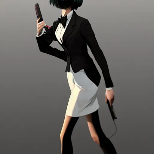 Image similar to slim girl in tuxedo with short black hair, elegant, 2d, ultra highly detailed, digital painting, smooth, sharp focus, artstation, art by Ilya Kuvshinov