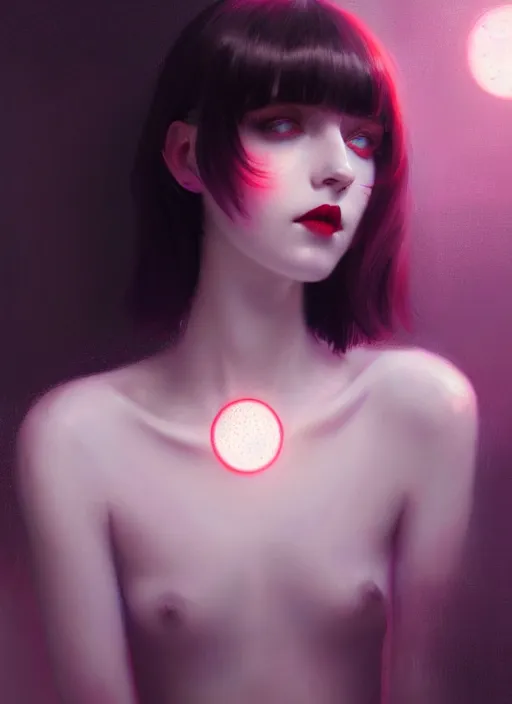 Image similar to portrait of pale teenage girl, red irises, black hair, white bangs, purple lipstick, intricate, elegant, glowing lights, highly detailed, digital painting, artstation, concept art, smooth, sharp focus, illustration, art by wlop, mars ravelo and greg rutkowski