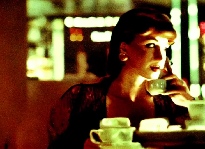 Prompt: A close-up, color cinema film still of a marlin monroe drinking coffee at a starbucks, ambient lighting at night, from Matrix(1999).