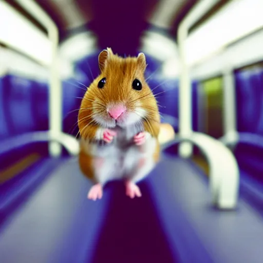 Image similar to photo of a metro train interior, a tiny hamster is sitting on a seat, various poses, unedited, soft light, sharp focus, 8 k