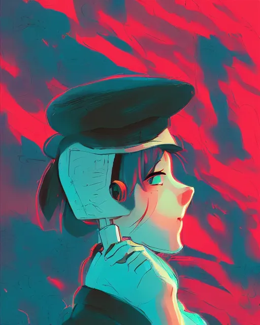 Image similar to girl with beret smoking a cigarette, colored manga panel, drawn by Anton Fadeev