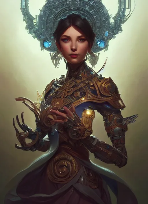 Image similar to beautiful humanoid android, fantasy, intricate, elegant, highly detailed, digital painting, artstation, concept art, matte, sharp focus, illustration, hearthstone, art by artgerm and greg rutkowski and alphonse mucha