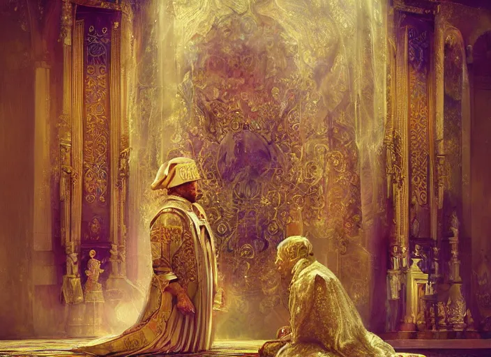 Image similar to kneeling before the pope, royal robe, gold trim, light effect, hyper detailed, intricate, atmospheric, elegant, photorealistic by paul lehr, marco mazzoni, featured on cgsociety, rococo, whimsical, artstation