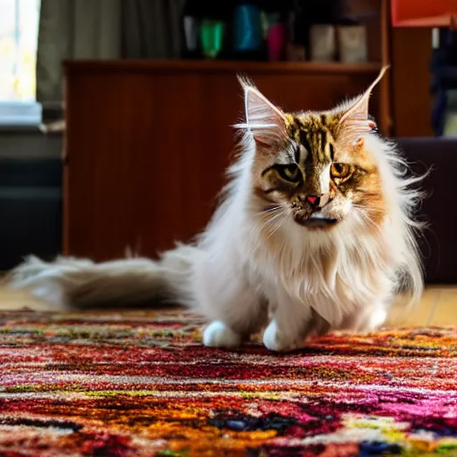 Image similar to cream color maine coon cat chasing a cat-toy-ball in a sunlit bedroom, hardwood floors with a colorful tattered old throw rug, bay window sofa in the background, fun, energetic, amusing, cute, funny, in style of Steve Henderrson