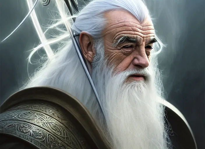 Image similar to white haired sean connery as gandalf, lord of the rings, robes, intricate, elegant, highly detailed, centered, digital painting, artstation, concept art, smooth, sharp focus, illustration, artgerm, tomasz alen kopera, peter mohrbacher, donato giancola, joseph christian leyendecker, wlop, frank frazetta