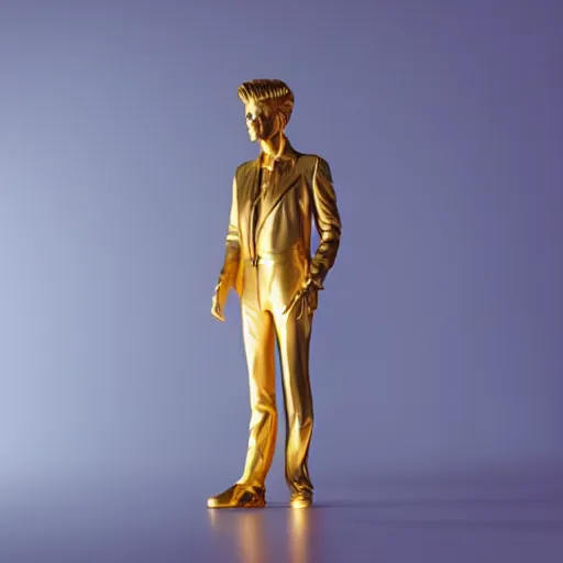 Image similar to Golden sculpture of David Bowie. Minimalism, high definition, perfect composition. Volumetric Lighting.