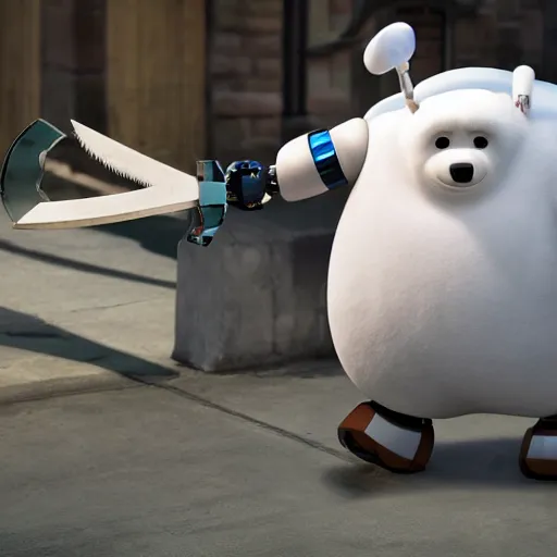 Prompt: ice bear as a robot with an axe from we bare bears in san fransisco, 8 k, weta pixar disney hyper realistic lifelike raytraced cinematic still photography