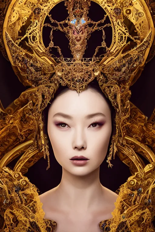 Image similar to a beautiful empress portrait, with a brilliant, impossible striking big cybernetic headpiece, cybernetic clothes, symmetrical, dramatic studio lighting, rococo, baroque, asian, hyperrealism, closeup, D&D, fantasy, intricate, elegant, highly detailed, digital painting, artstation, octane render, 8k, concept art, matte, sharp focus, illustration, art by Artgerm and Greg Rutkowski and Alphonse Mucha