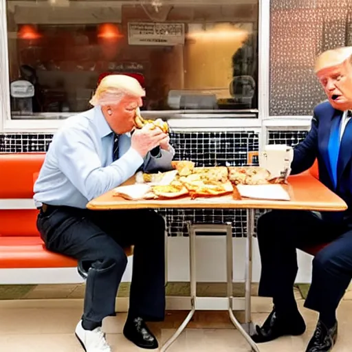 Image similar to photograph of trump and Biden sitting and eating breakfast at a Wafflehouse