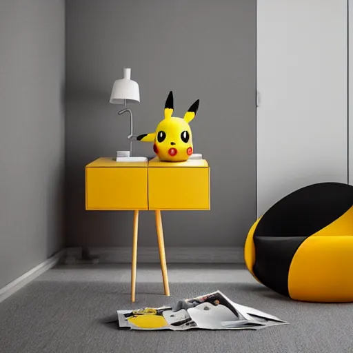 Prompt: Pikachu in a Modern house with an Orange armchair and yellow table