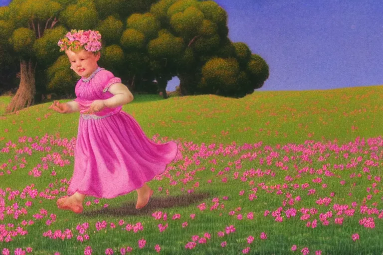 Prompt: a staffordshire terrier in a pink baby dress running through a field of flowers, in the style of maxfield parrish