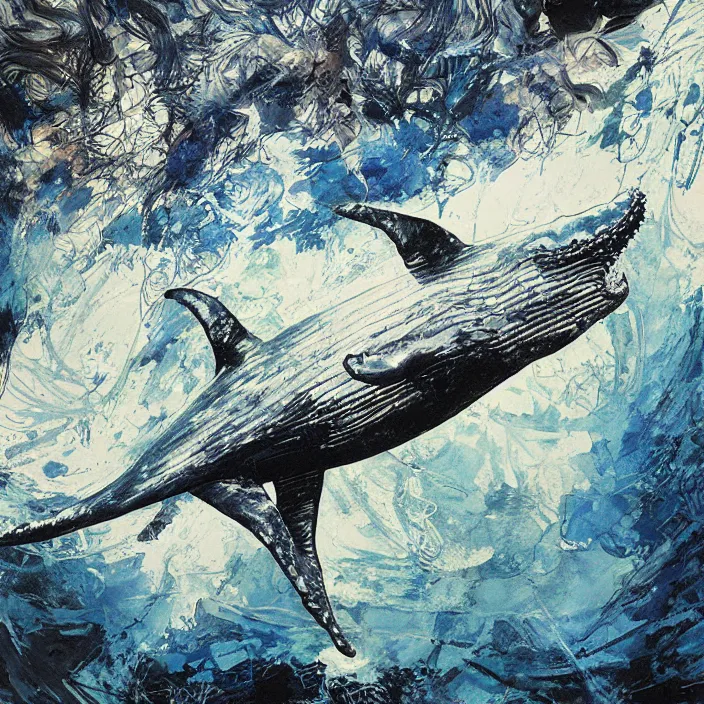 Image similar to whale, painting, by greg ruthowski, yoshikata amano, yoji shinkawa, alphonse murac, collaborative artwork, beautifully drawn, heavily detailed