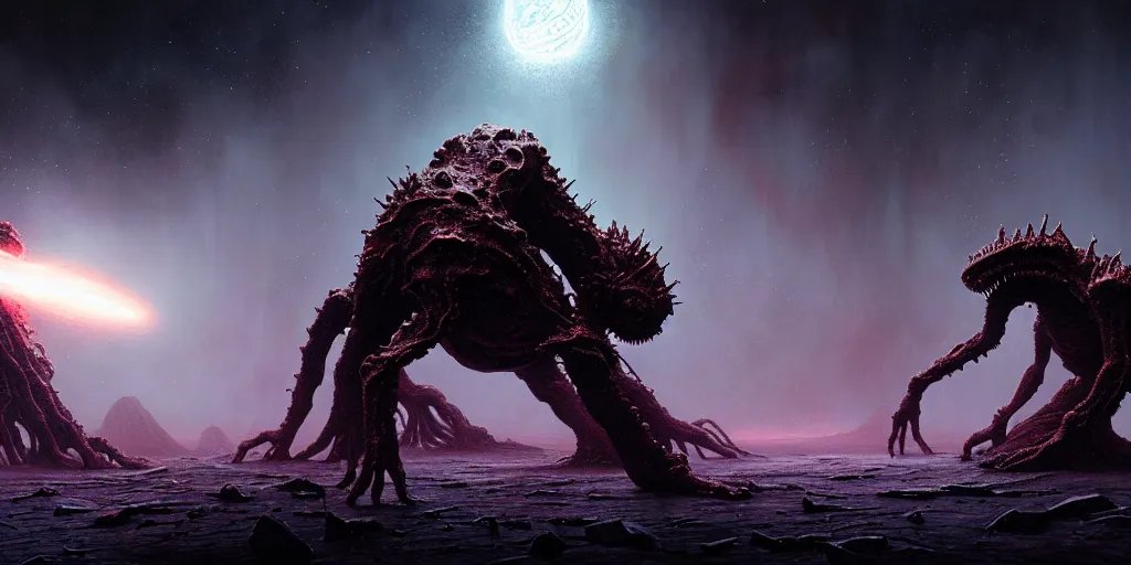 Image similar to stunning monstrous cosmic horror great old ones with space in the background!! lovecraftian horror, dead space horror!! cinematic lighting, muted colours, digital art, winning award masterpiece, fantastically beautiful, aesthetically inspired by wayne barlowe and gerald brom, trending on artstation, art by greg rutkowski, octane render, unreal engine, 8 k