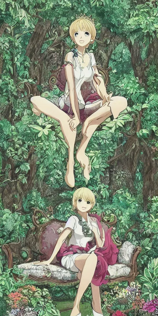 Image similar to the queen of good vibes sitting by herself on a sofa in a forest, drawn by CloverWorks, intricate detail, elegant,