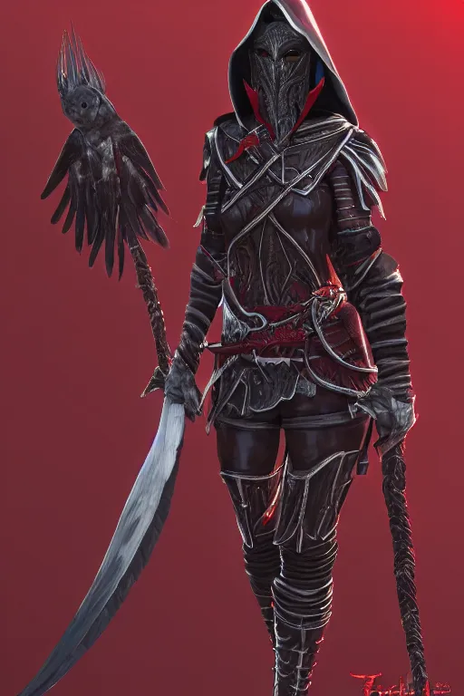 Image similar to female adventurer in tight full - body ebony leather armor of dunmer design with dark red cloth underneath and with a red porcelain crow mask, trending in artstation, establishing shot