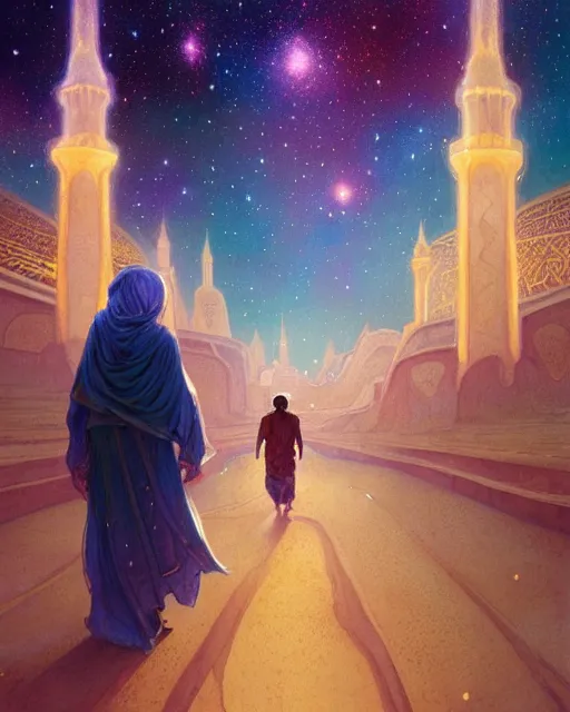 Image similar to bedouin man and woman and child in galaxy walking towards mosque surrounded by nebula, highly detailed, gold filigree, romantic storybook fantasy, soft cinematic lighting, award, disney concept art watercolor illustration by mandy jurgens and alphonse mucha and alena aenami, pastel color palette, featured on artstation