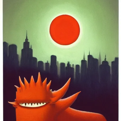 Image similar to funereal, lush by quint buchholz, by guido crepax. a beautiful painting of a large, orange monster looming over a cityscape. the monster has several eyes & mouths, & its body is covered in spikes. it seems to be coming towards the viewer, who is looking up at it in fear.