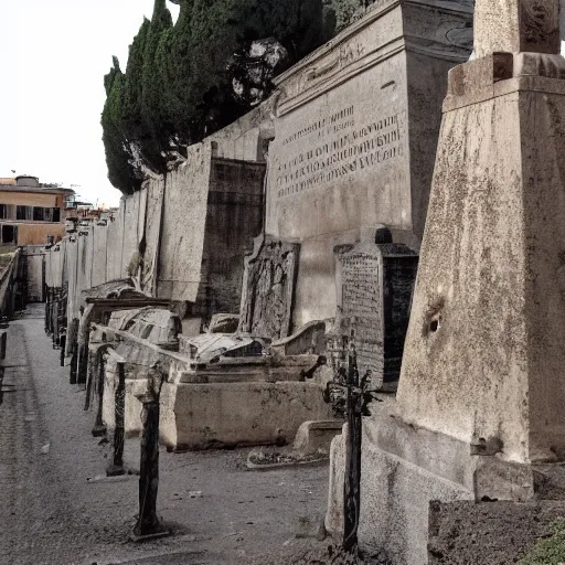 Prompt: Filmed photo of Rome necropolis, with satanic sculls