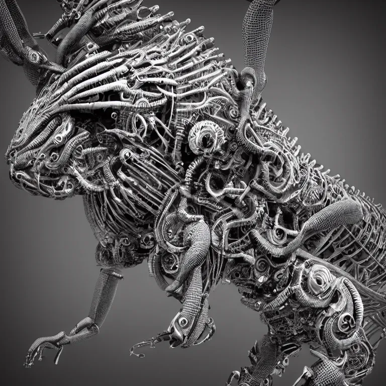 Image similar to surreal biomechanical spinal ribbed tribal exotic organic animal mechanical cyborg, beautiful detailed intricate insanely detailed BW 3D render digital art, octane render, 8K artistic photography, photorealistic