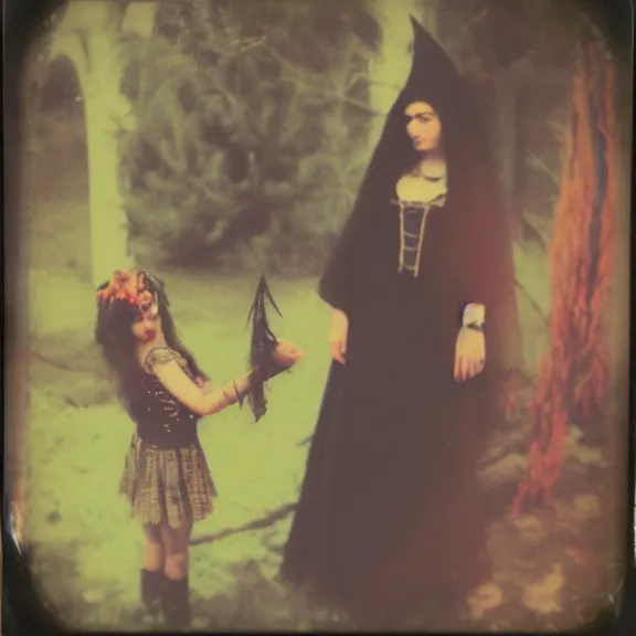 Prompt: a beautiful witch summoning a horrible demon, a polaroid photo taken by lucifer, rich decaying bleeding colors