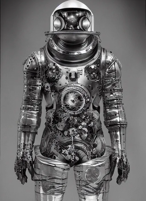 Image similar to old wetplate daguerreotype portrait of a futuristic silver armored space astronaut cyborg, fractal, intricate, elegant, highly detailed, parallax, leica, medium format, subsurface scattering, by jheronimus bosch and greg rutkowski and louis jacques mande daguerre