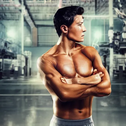 Image similar to a realistic detailed photo of a guy who is an attractive humanoid who is half robot and half humanoid, who is a male android, attractive and handsome soccer players, shiny skin, posing like a statue, blank stare, in a factory, on display, showing off his muscles, wearing soccer shorts, side view, looking at each other mindlessly