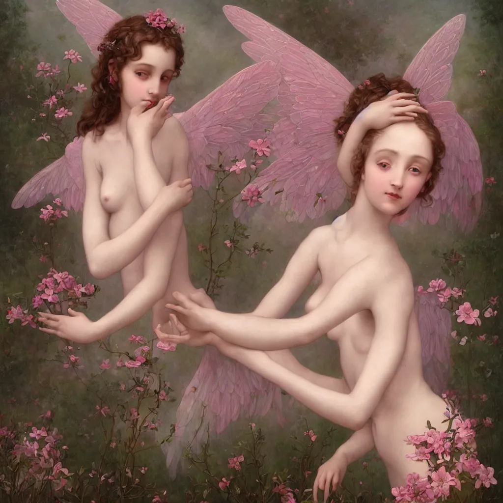 Image similar to one pink fairy with large beautiful wings exploring her lonely flower garden by herself in the style of tom bagshaw, william bouguereau, michelangelo, extremely detailed, muted colors, symmetrical face, large eyes, beautiful face