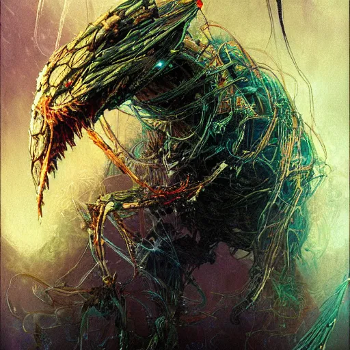 Image similar to a simple concept art portrait of a predatory robotic species. an award winning yoshitaka amano digital art poster color painting. a masterpiece by james gurney. poster colour on canvas.