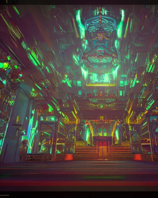 Image similar to buddhist cyber punk temple in the style of andree wallin, vitaly bulgarov, ambient lighting, unreal engine 5, neon light