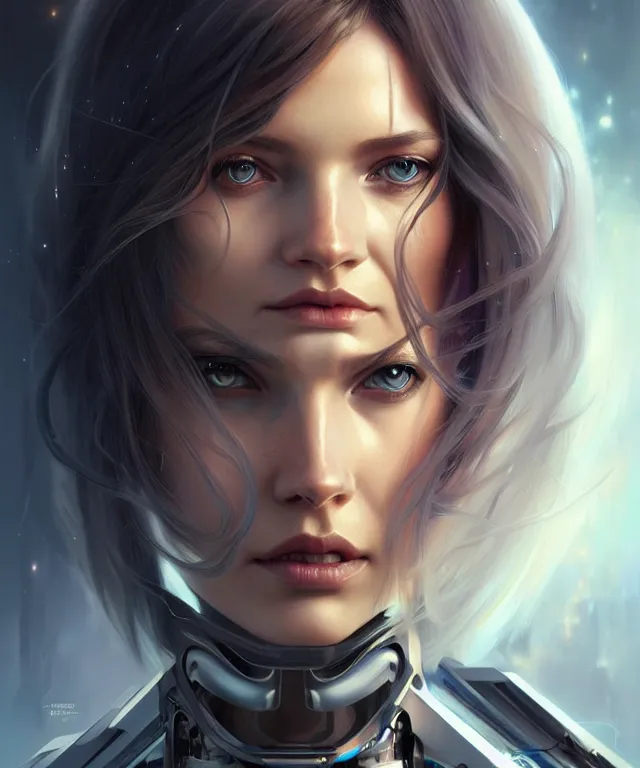 Image similar to futuristic woman Cyborg portrait, sci-fi, amber eyes, face, long hair, fantasy, intricate, elegant, highly detailed, digital painting, artstation, concept art, smooth, sharp focus, illustration, art by artgerm and greg rutkowski and alphonse mucha