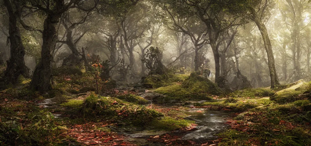 Image similar to A beautiful hyper realistic ultra detailed lifelike matte painting of a dark fantasy forest, unreal engine, deviantart, flickr, artstation, octane render, textured, colorful, extreme realistic detail, physically based rendering, pbr render, very detailed, volumetric lighting, detailed lighting, octane render, 4k, cinematic lighting, 8k resolution