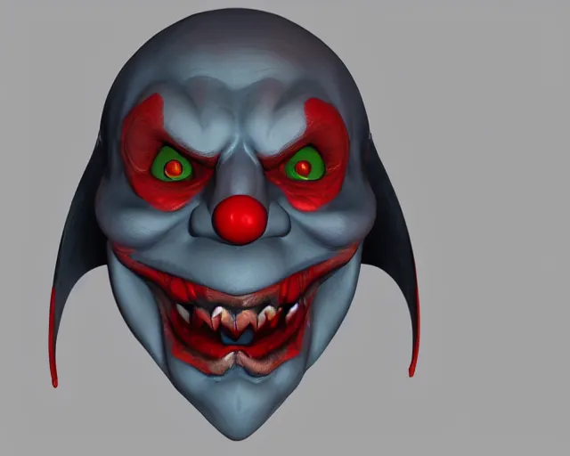 Image similar to 3d sculpt of an evil clown face with huge bat wings, skull, artstation, digital illustration