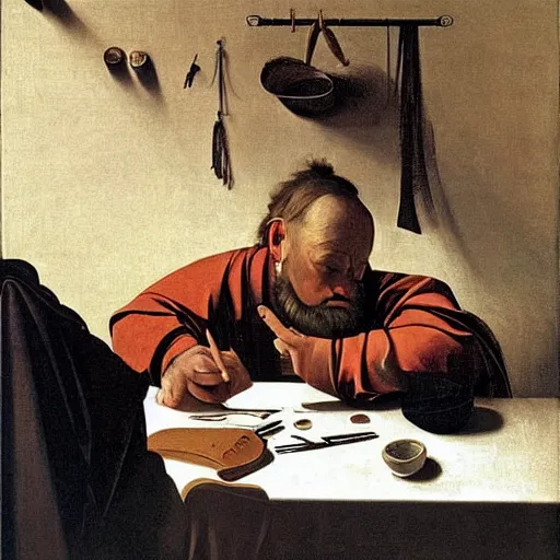 Prompt: man working from home in his pajamas, painting by caravaggio