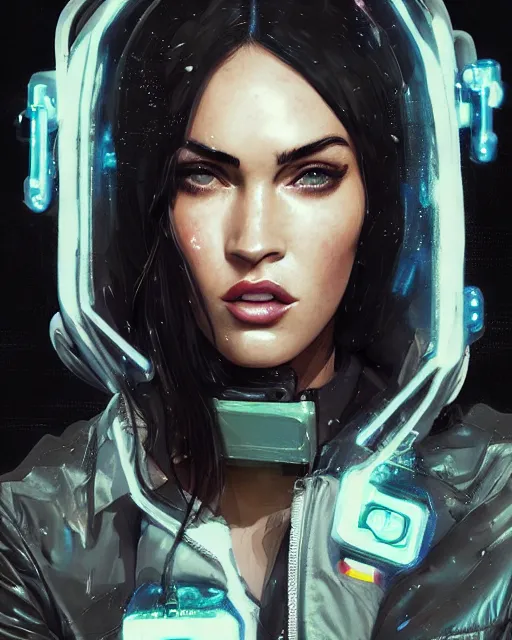 Image similar to detailed portrait megan fox cyborg operator girl cyberpunk futuristic neon reflective puffy coat, decorated with traditional japanese ornaments by ismail inceoglu dragan bibin hans thoma greg rutkowski alexandros pyromallis nekro rene margitte illustrated perfect face, fine details, realistic shaded, fine - face, pretty face