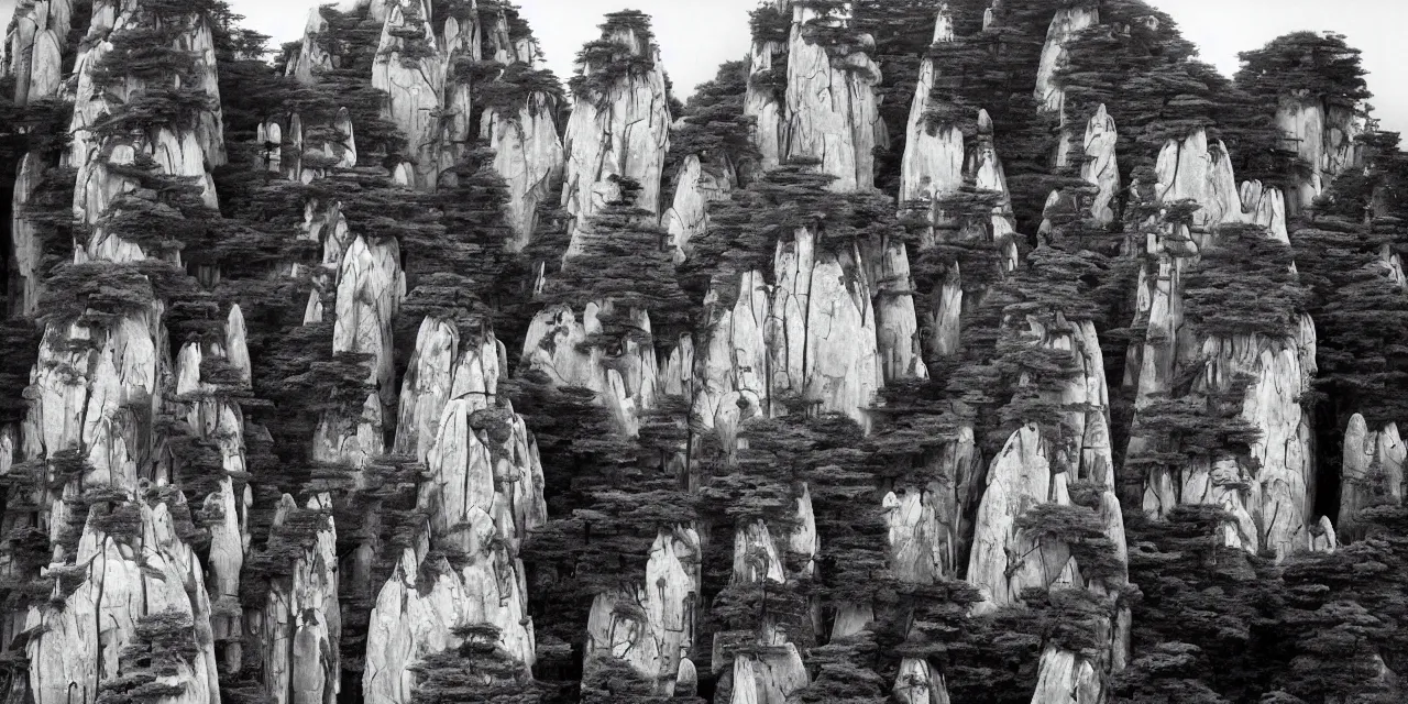 Prompt: the taoist temples of huangshan, masterpiece by ansel adams