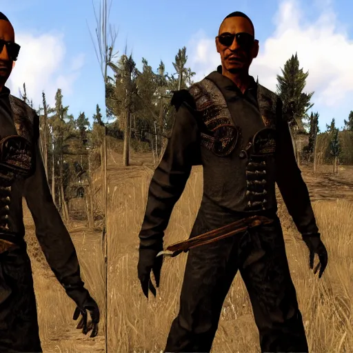 Prompt: gus fring in skyrim, redguard, tamriel, elder scrolls, adventuring gear, business suit, highly detailed, dark brotherhood