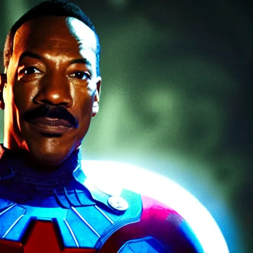 Image similar to a still of eddie murphy as an avenger, marvel superhero, cinematic lighting