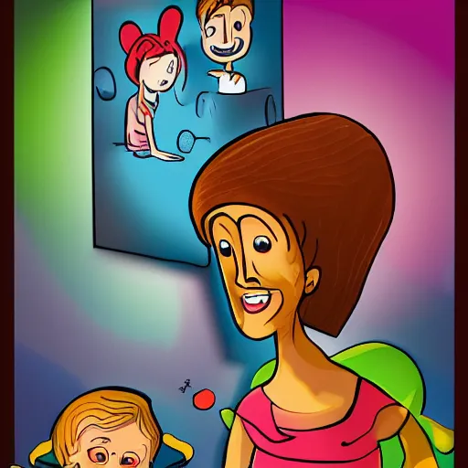 Image similar to the child then went to his mother, asked her the same question and she told him, cartoon character, digital art, fun