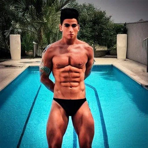 Image similar to “a realistic detailed photo of a handsome guy who is named Rey Garza a fitness model, frozen like a statue, with shiny skin, by a pool, on display, half humanoid, half robot, blank stare”