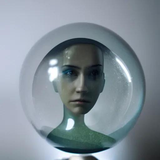 Prompt: glass sphere with the face of a girl, ex machina