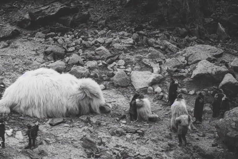 Image similar to photo of people gathering around a giant sleeping yeti, eerie atmosphere, fear, mystery, dramatic, 8 k uhd