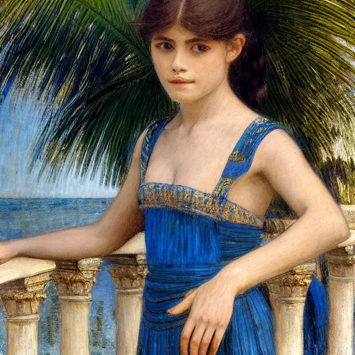 Image similar to a ultradetailed beautiful painting of a girl in the amazonas palace balustrade designed by jules bastien - lepage, tarsila do amaral, frank weston and gustave baumann, beach, trending on artstation, mediterranean, palm trees, hyper detailed face, sharp focus, soft light, 8 k 4 k